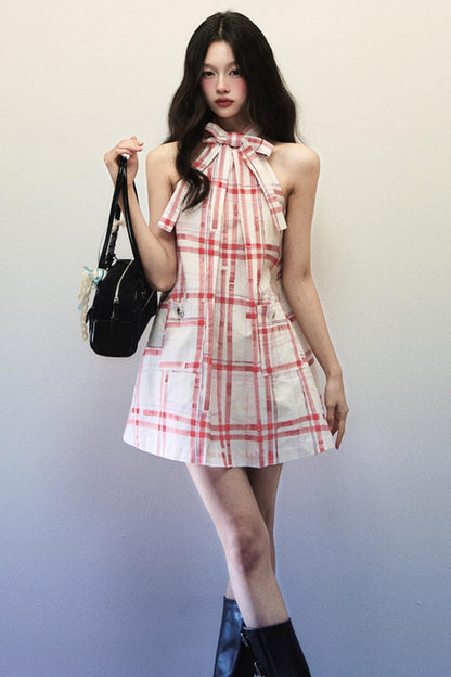 Chic Red Plaid Bow-Detail Sleeveless Dress