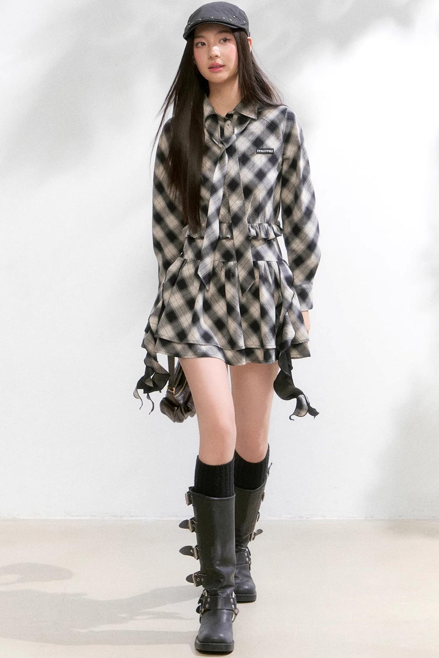 Plaid Diagonal Cut Long-Sleeved Shirt Dress