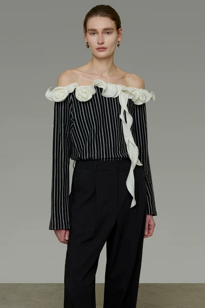 Black and White Striped Off-Shoulder Blouse
