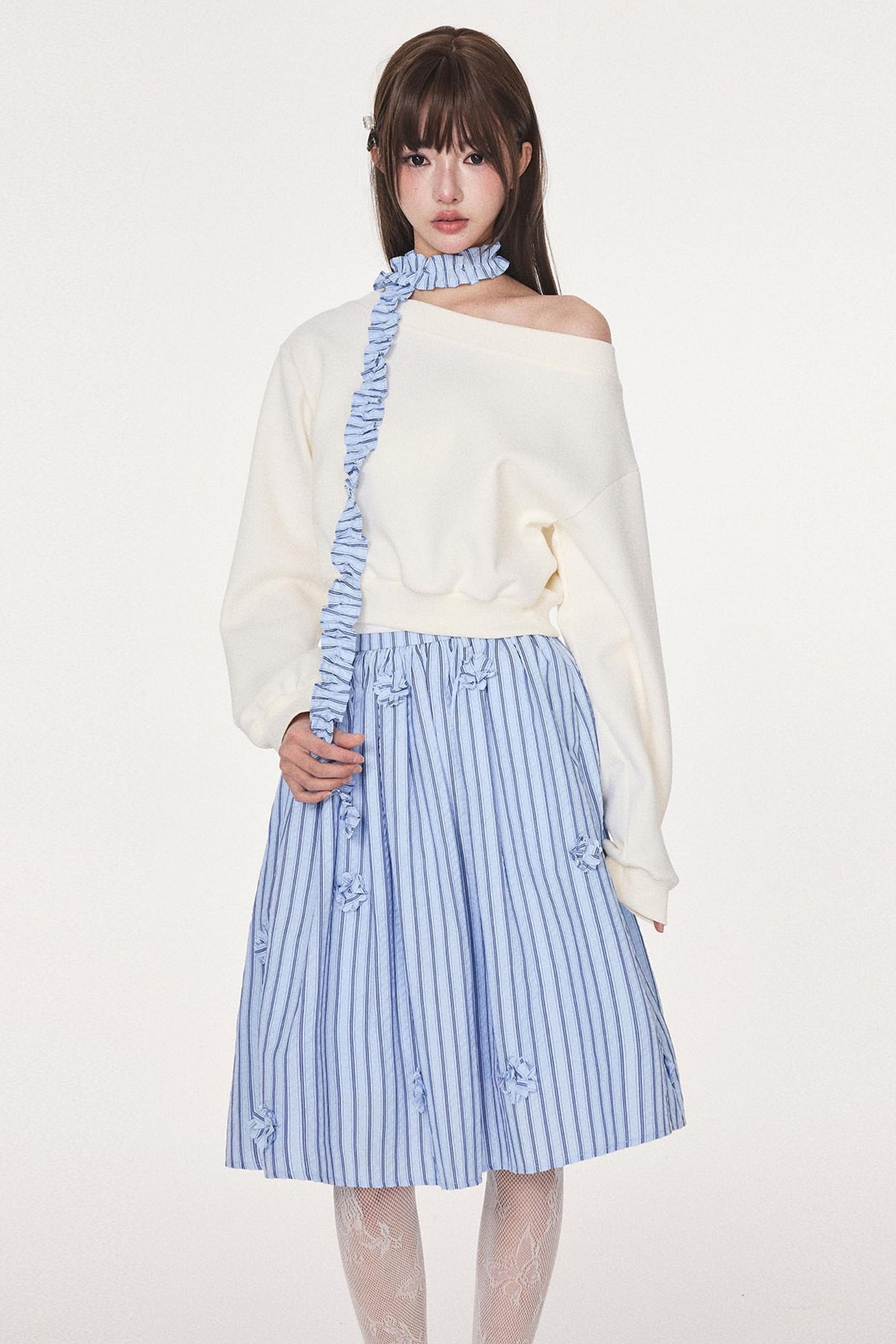 Blue Striped Flower Silhouette Skirt