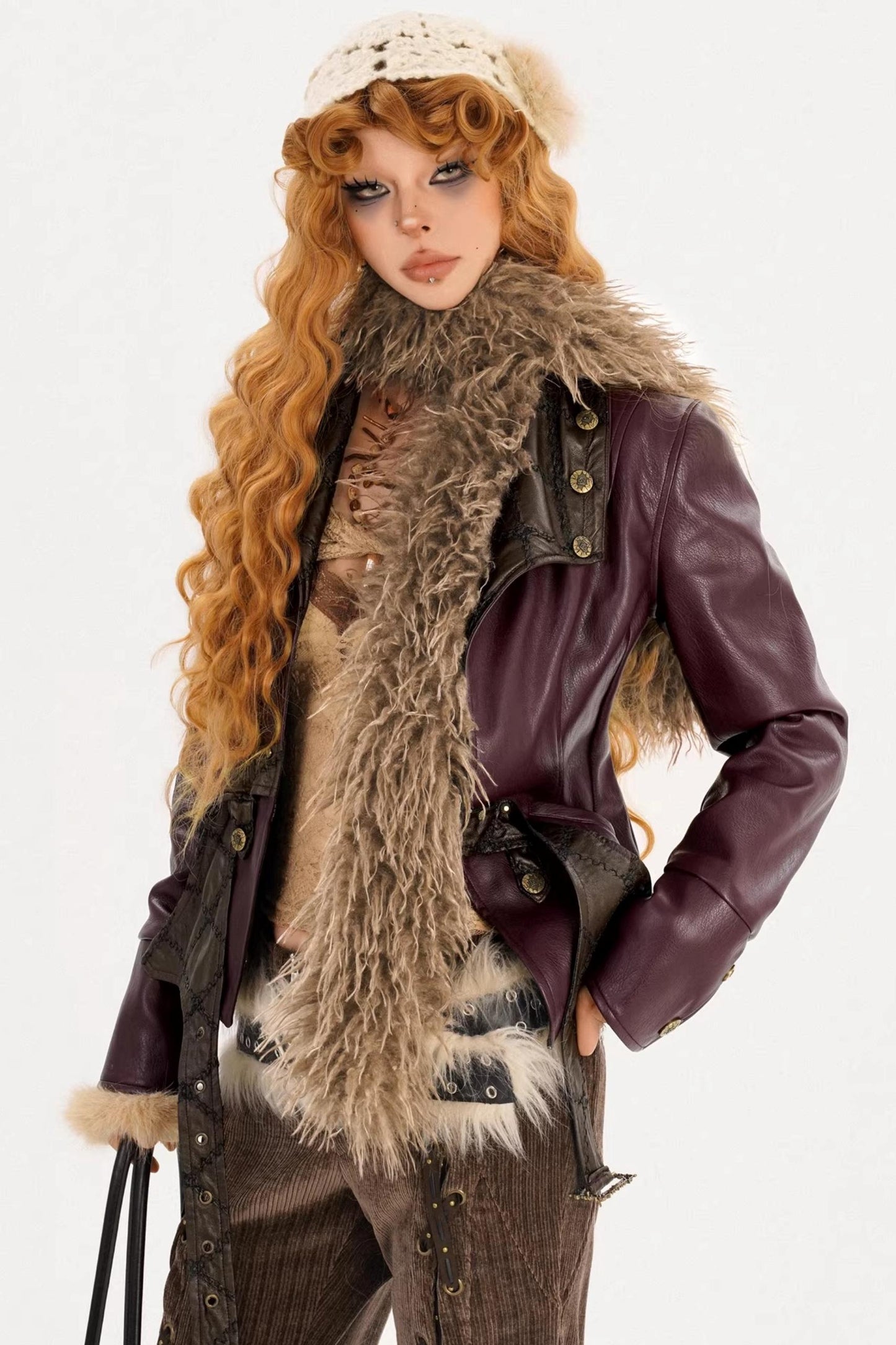 Vintage Leather Fur Collar Jacket