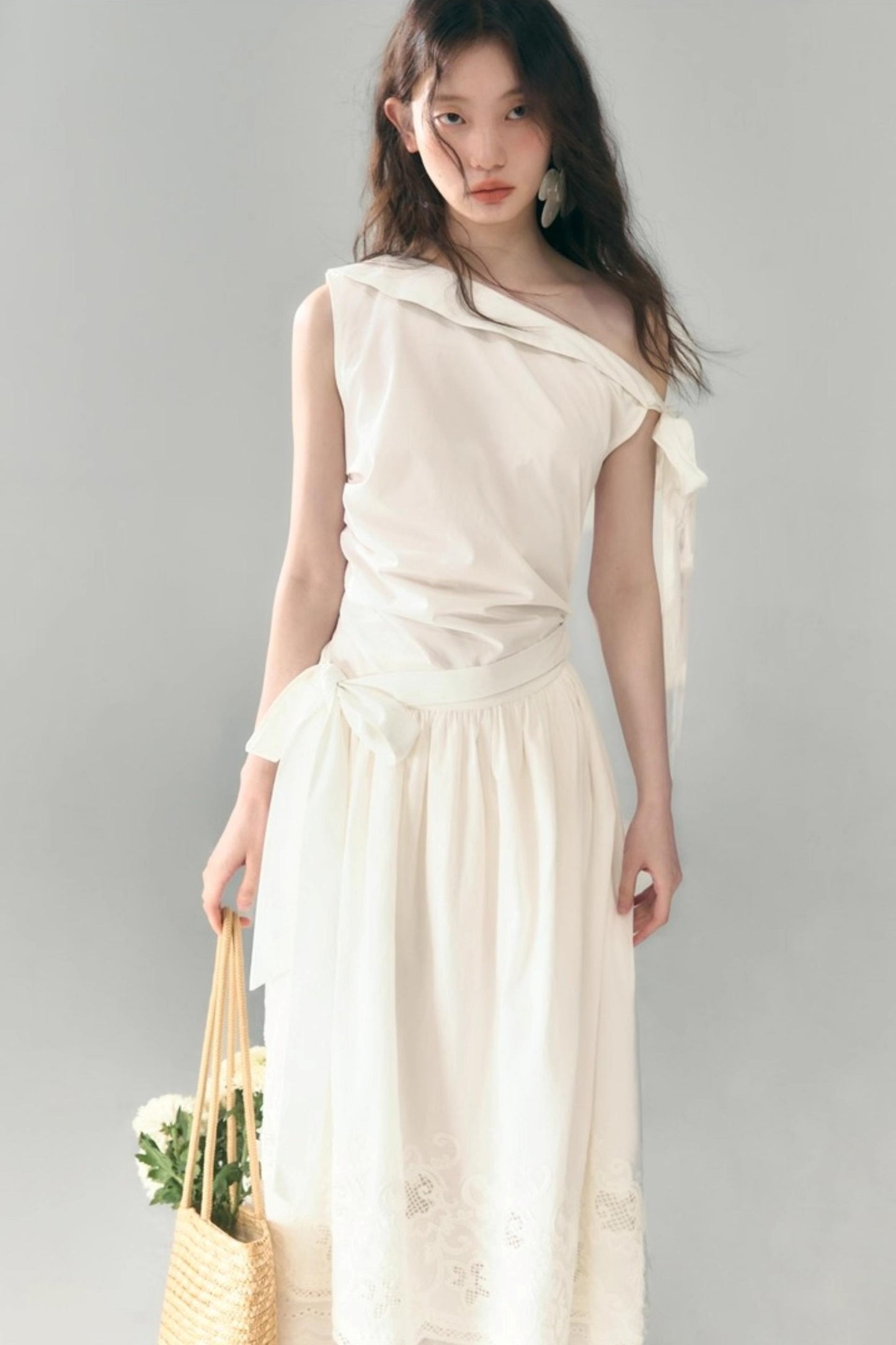 Slant Shoulder Tencel Cotton Dress