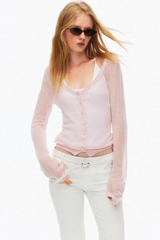 Soft pink silk wool hollow-out cardigan top for a feminine and elegant look