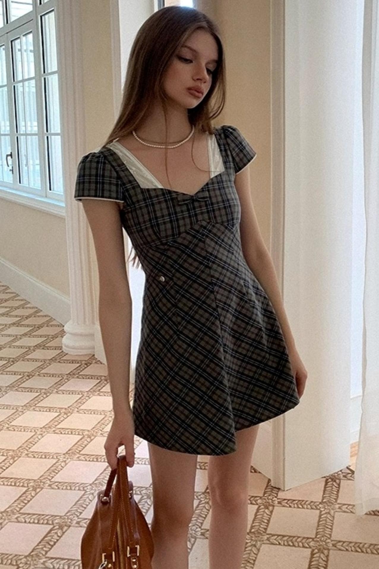 Plaid Lace Bow Short Sleeve Dress