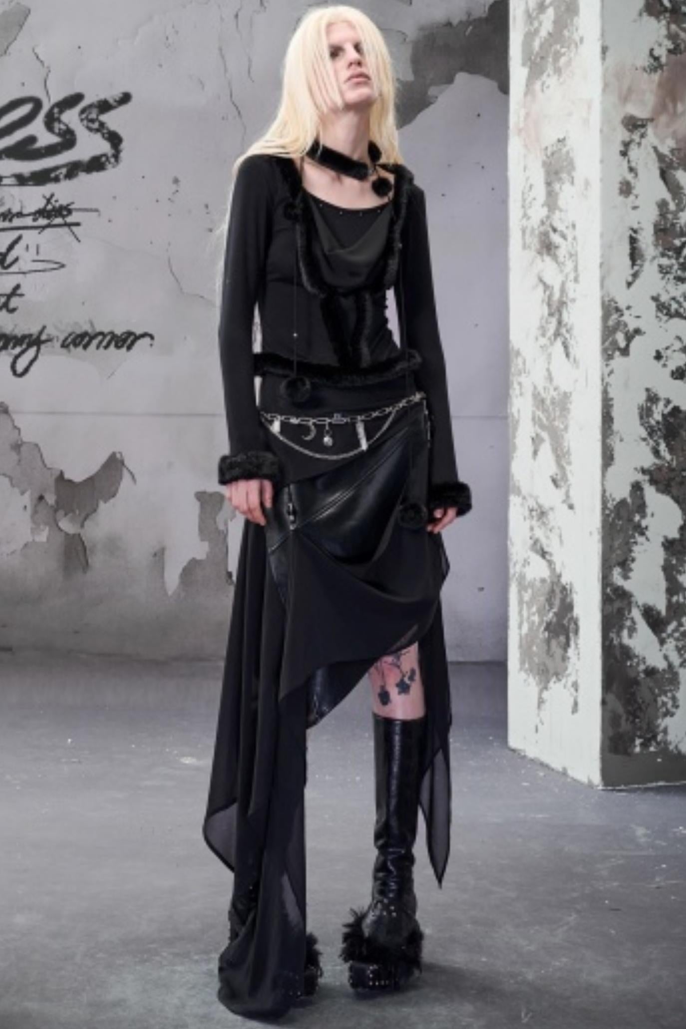 Chiffon Panel Ruffled Irregular Leather Skirt