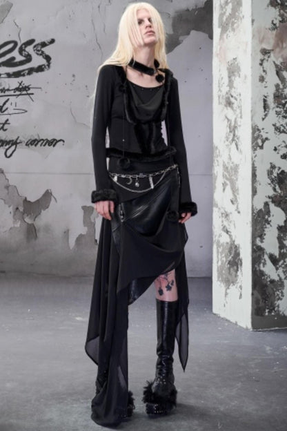 Chiffon Panel Ruffled Irregular Leather Skirt