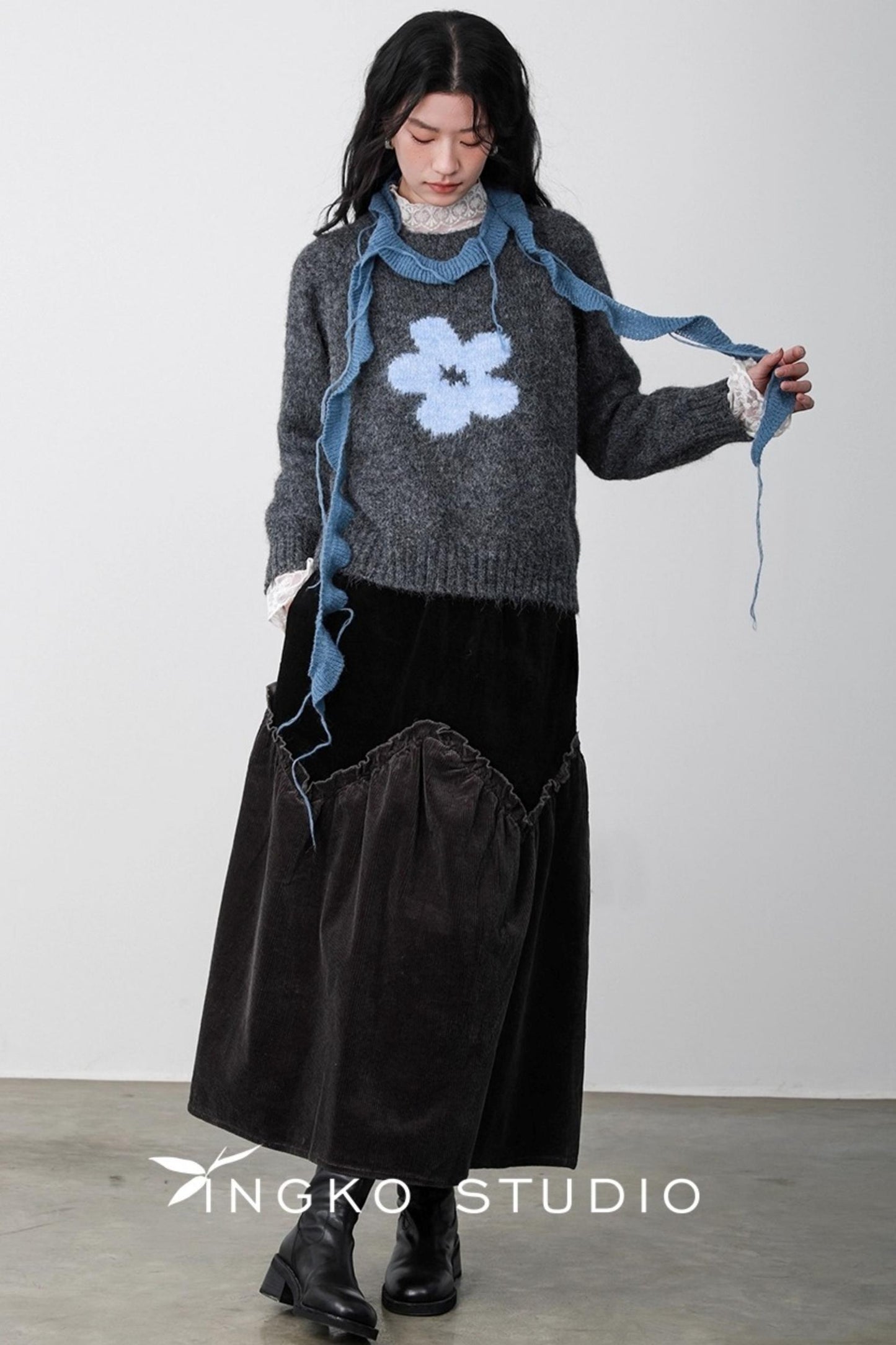 Gray Coffee Spliced Corduroy Skirt