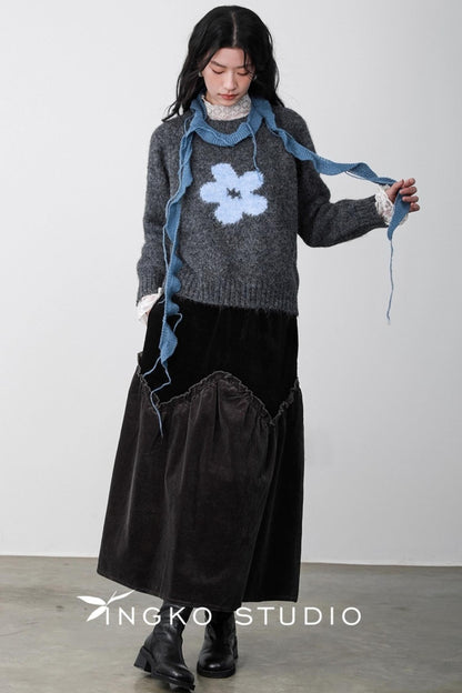 Gray Coffee Spliced Corduroy Skirt