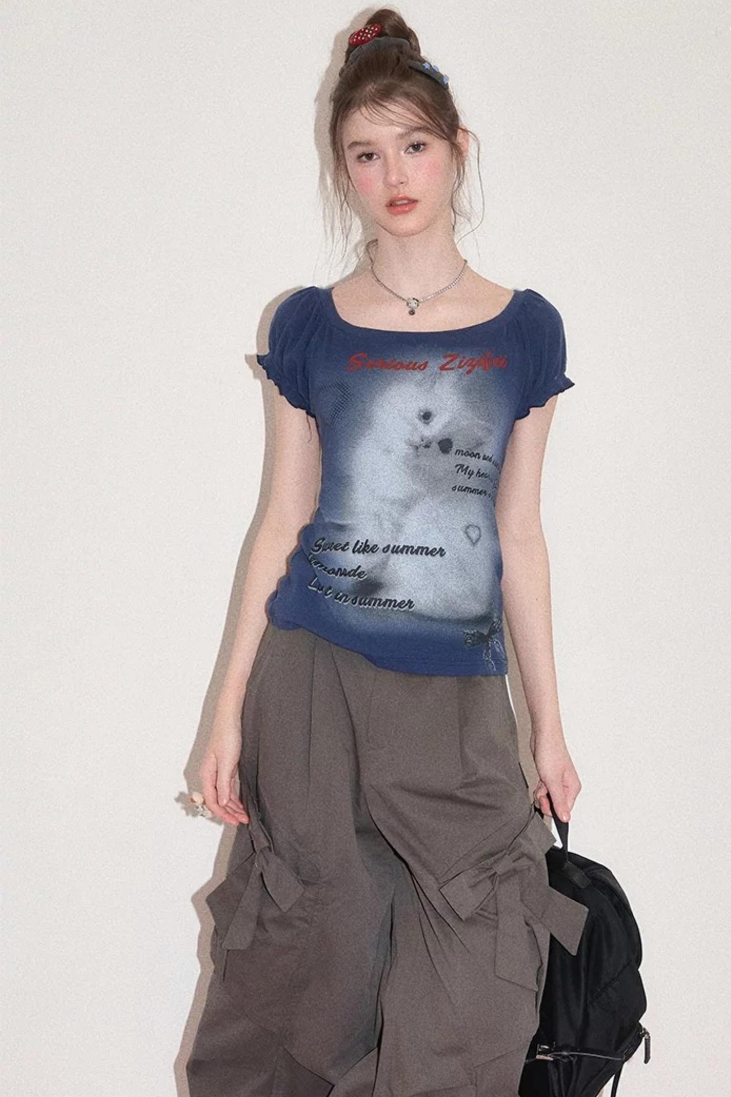 Dark Blue Puff Sleeve T-Shirt