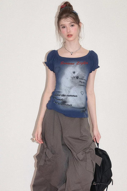 Dark Blue Puff Sleeve T-Shirt