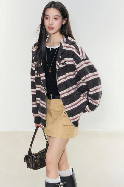 Gestreifte Kapuzen-Cardigan-Jacke