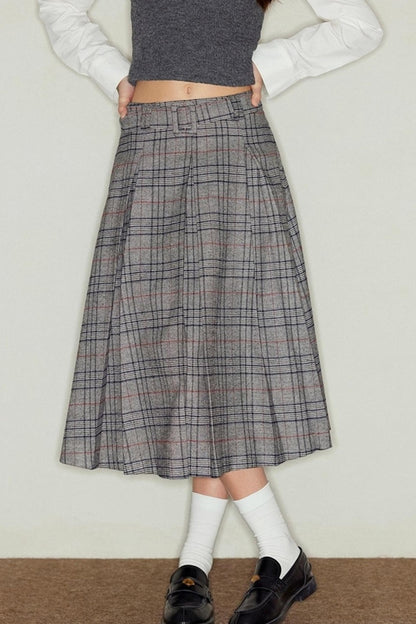 Vintage Gray Plaid Midi Pleated Skirt