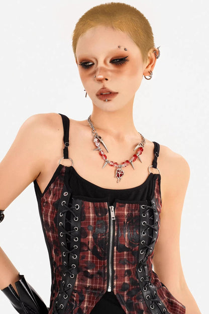 Dark Red Plaid Camisole Skirt Set-Up