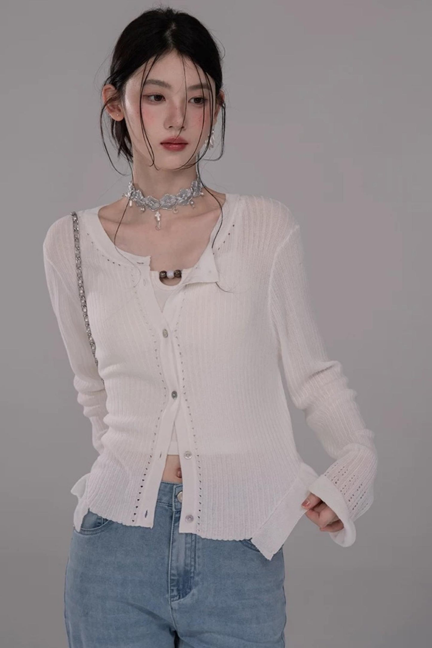 Cloud White Knit Cardigan Top