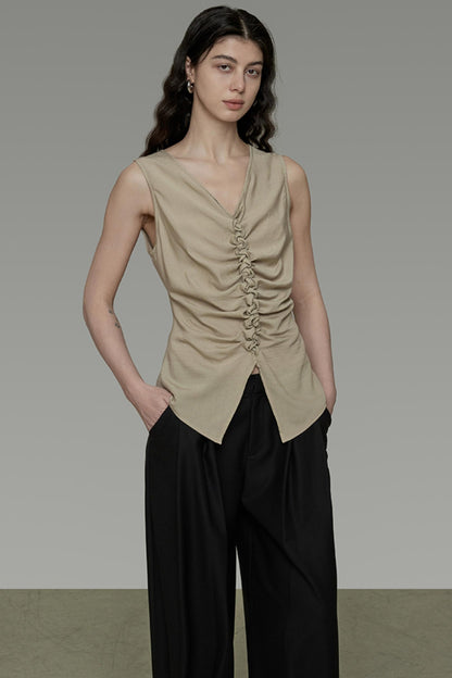 Khaki V-Neck Sleeveless Top