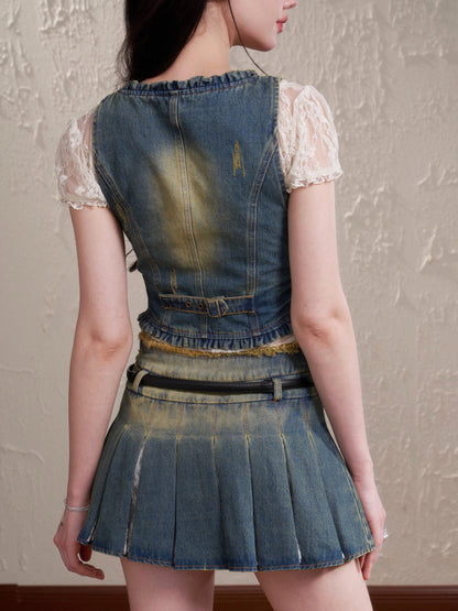 Vintage lace denim vest top pleated skirt Set