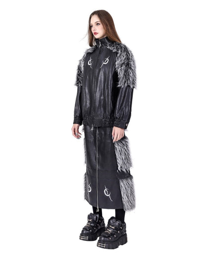 Double Zipper Black Silver Y2K Fur Skirt