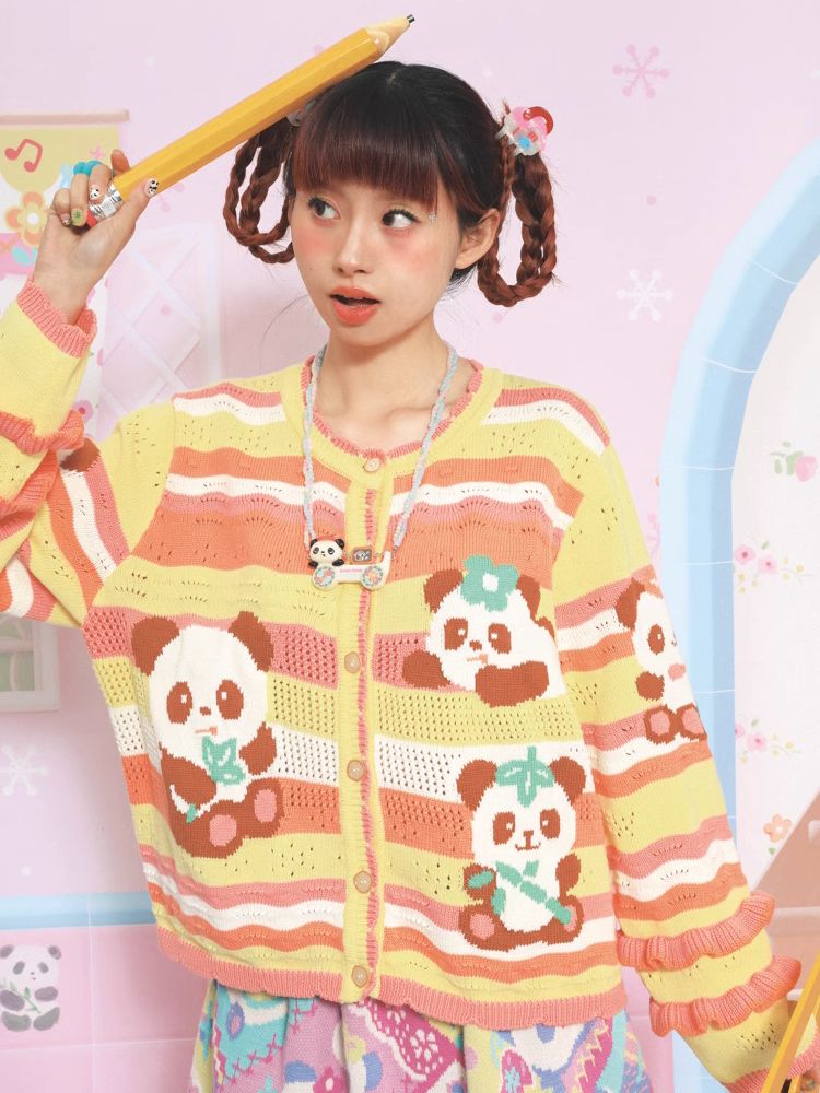 Panda print striped knit cardigan