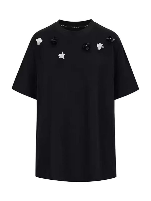 Retro three-dimensional beaded flowers loose T-shirt