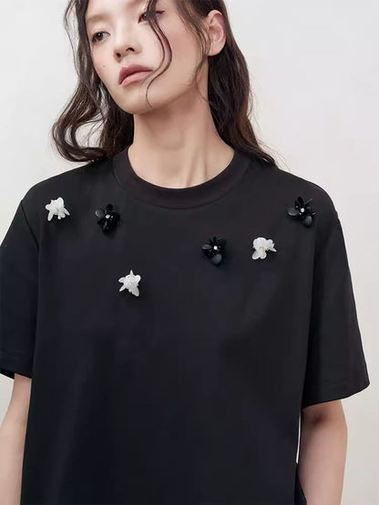 Retro three-dimensional beaded flowers loose T-shirt