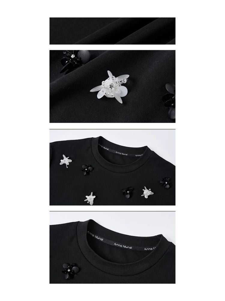 Retro three-dimensional beaded flowers loose T-shirt