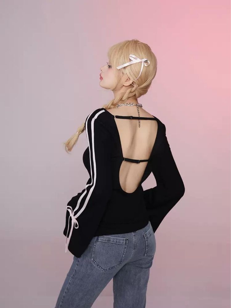 Flared sleeves backless t-shirt