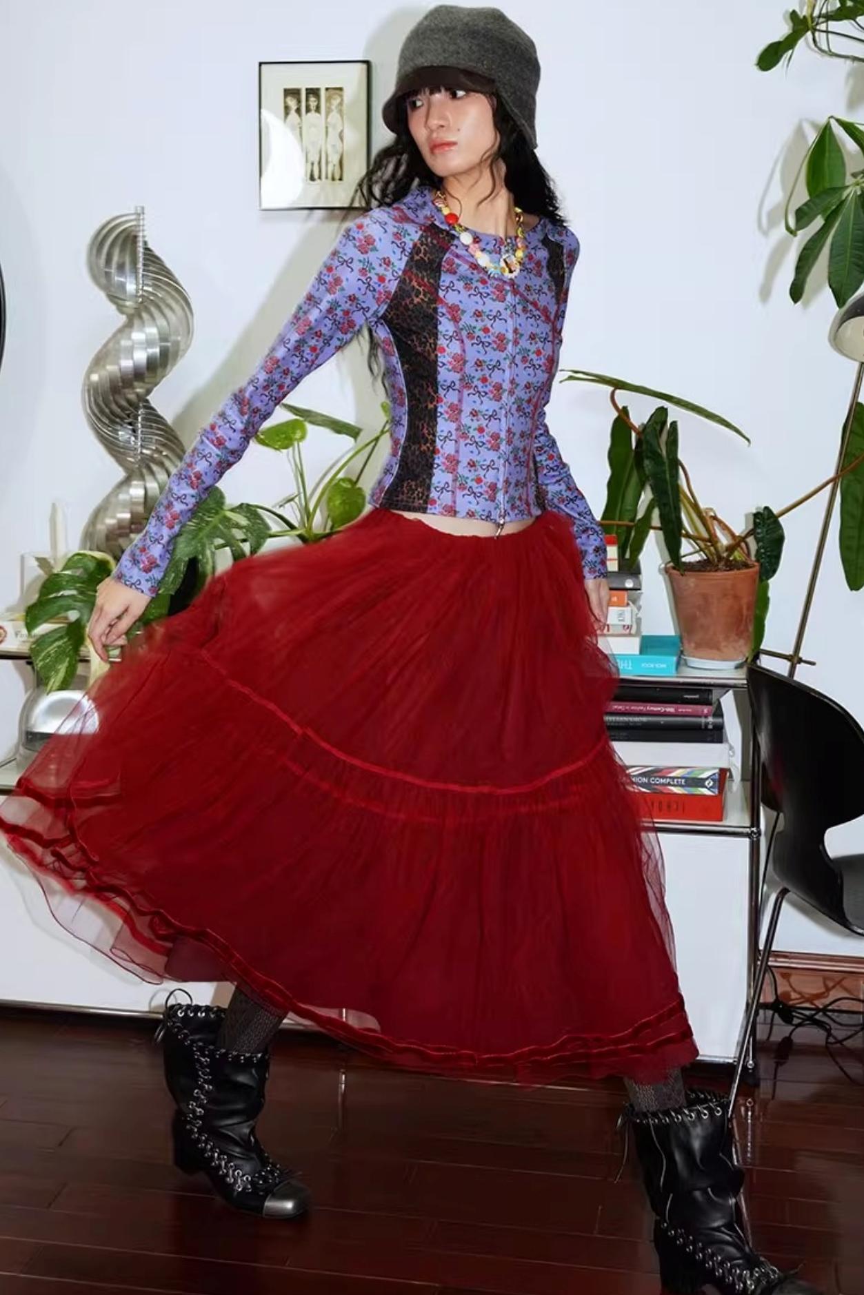 Autumn Mesh Puffy Long Skirt