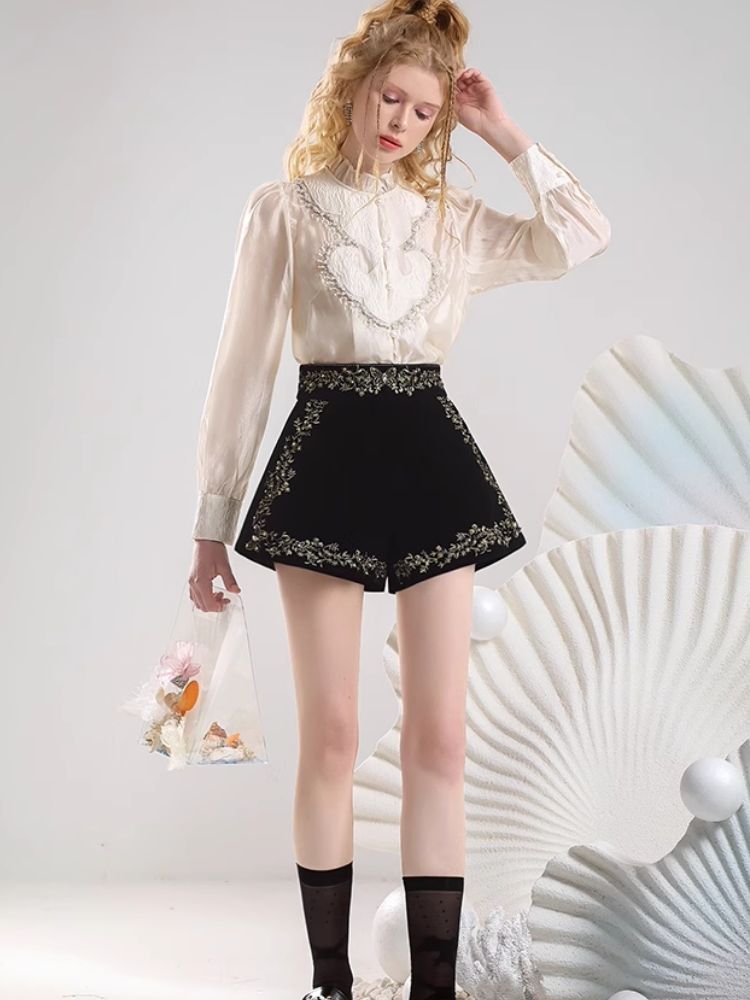 Beaded Standing Collar Shirt Heavy Duty Velvet Shorts