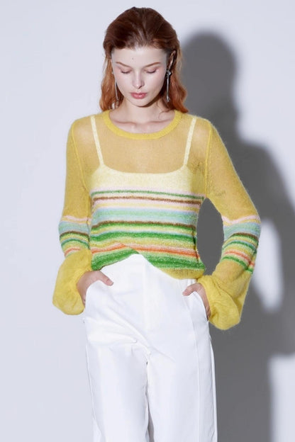 Mohair Silky Wool Rainbow Lantern Sleeve Sweater