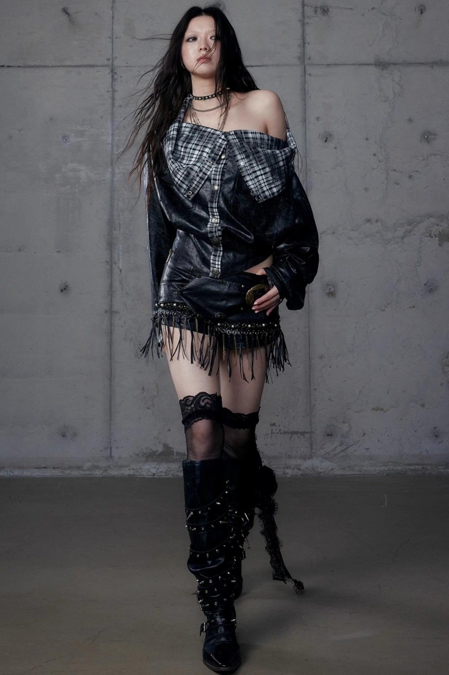 Dark Plaid Leather Top