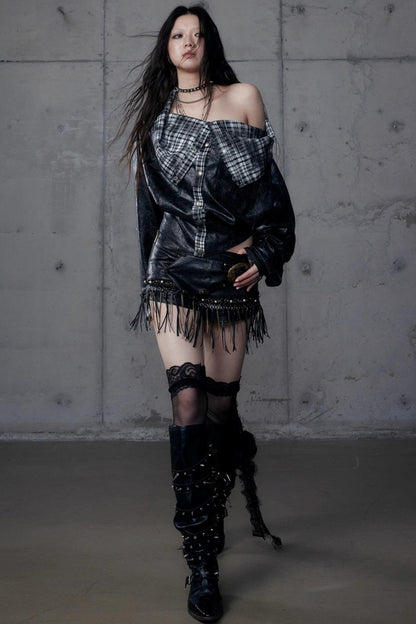 Dark Plaid Leather Top