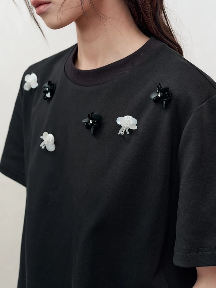 Retro three-dimensional beaded flowers loose T-shirt