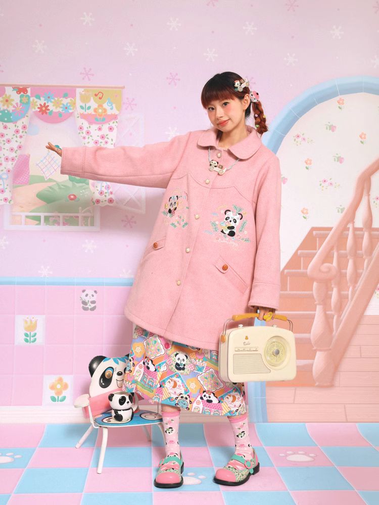 Panda embroidery mid-length coat