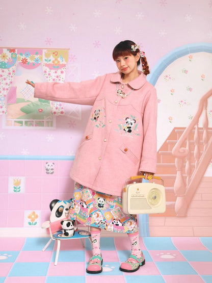 Panda embroidery mid-length coat