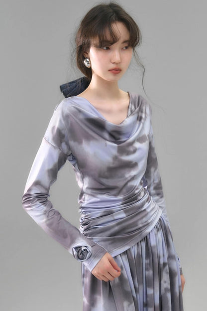 Poetic Swing Collar Print T-Shirt & Skirt Set-Up