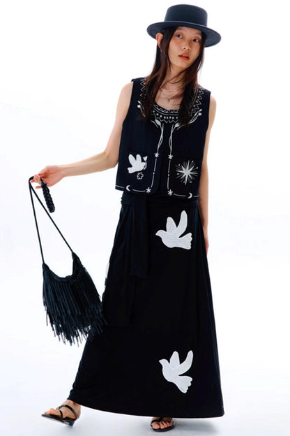 Bright Star Vintage Bird Embroidery Wool Jacket Set-Up