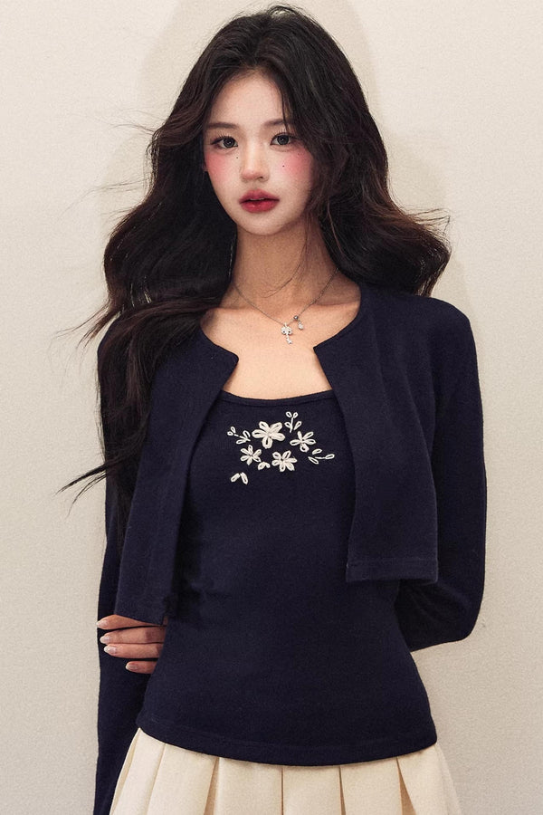 Embroidery Knit Cardigan Set-Up