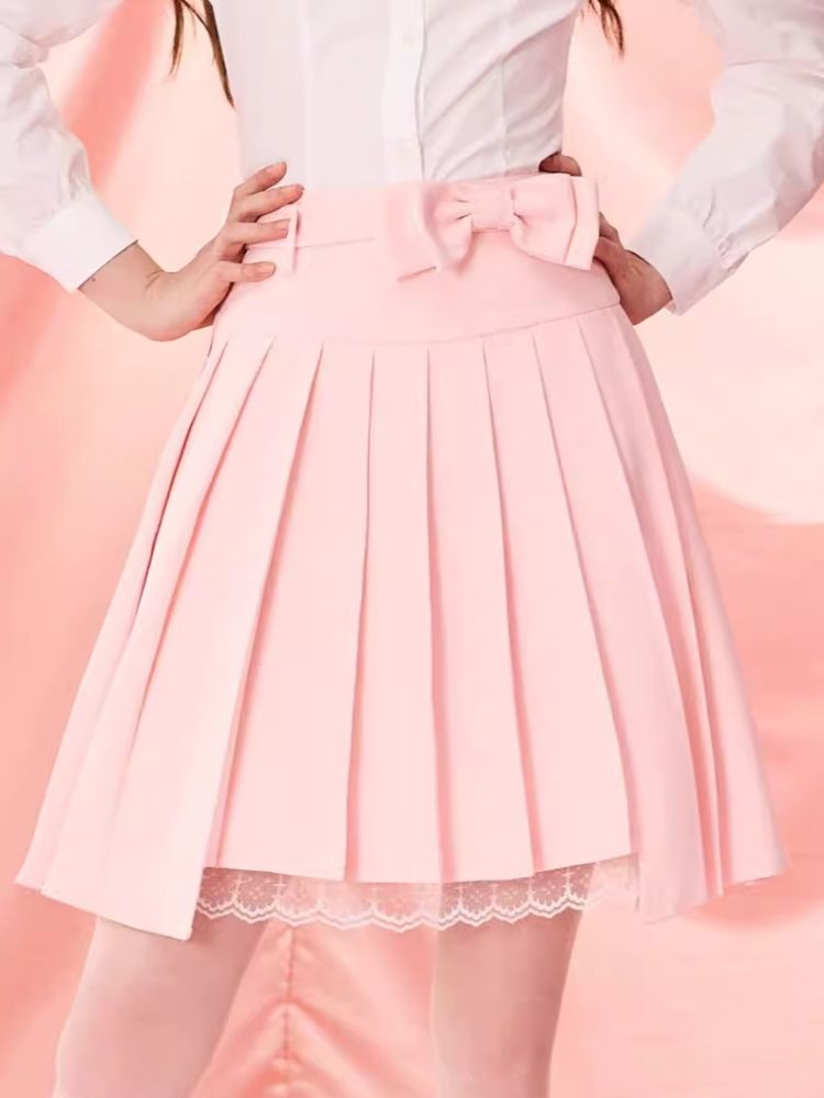 Pleated Half Skirt with Bowknot Belt