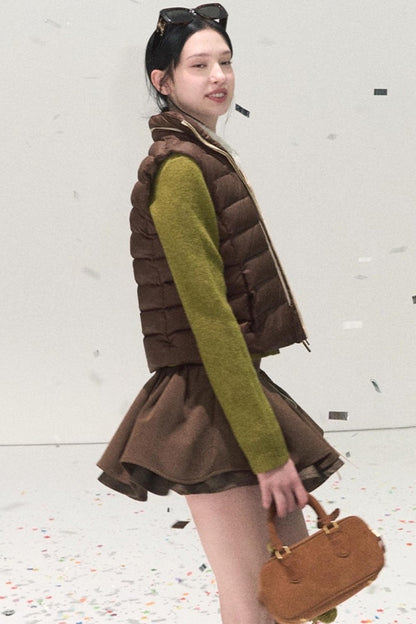 Plaid Color-Blocked Puffy Skirt