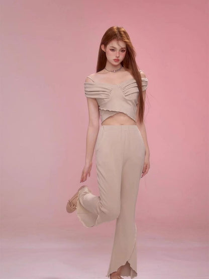 One Shoulder Halter Top Split Flare Pants Set