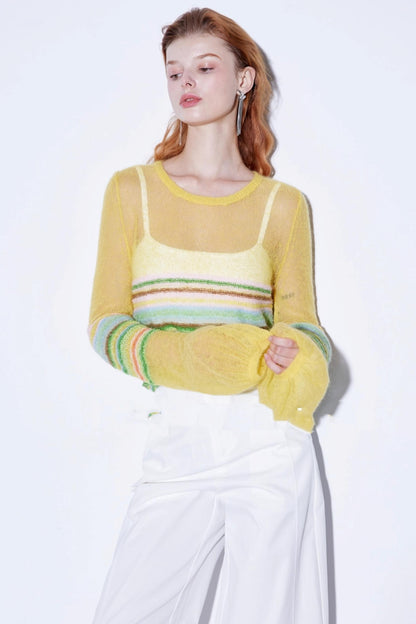 Mohair Silky Wool Rainbow Lantern Sleeve Sweater