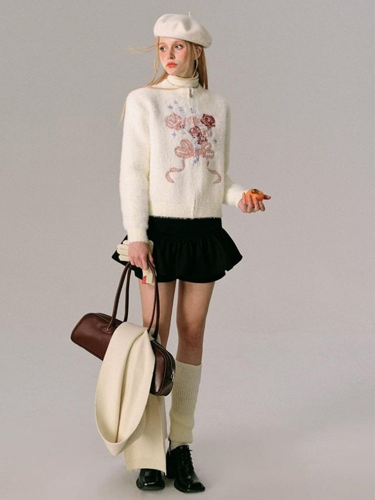 Mink Jacquard Rose Bow Zipper Knit Cardigan