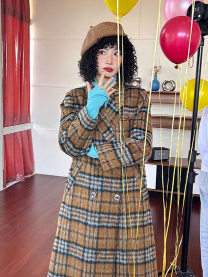 Loose long wool plaid coat