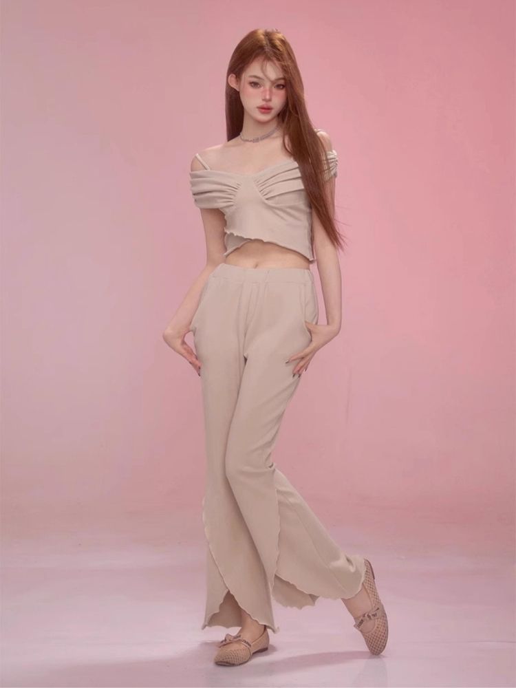 One Shoulder Halter Top Split Flare Pants Set