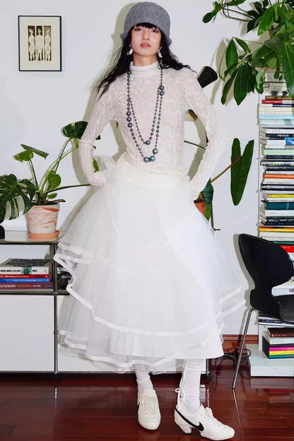 Autumn Mesh Puffy Long Skirt