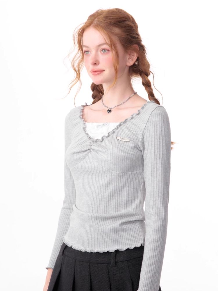 Lace Edge Long Sleeve T-Shirt Tops