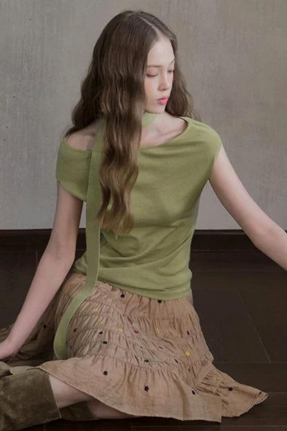Milk White Asymmetrical Knit Top