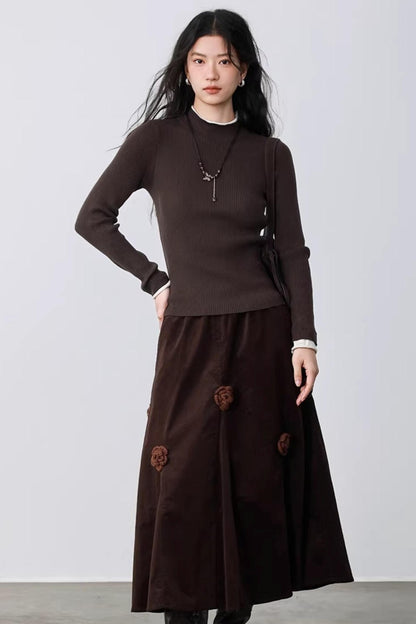 Three-Dimensional Floral Corduroy Skirt