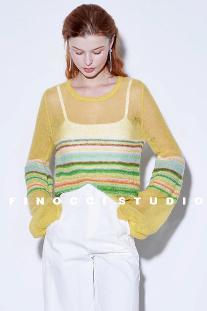 Mohair Silky Wool Rainbow Lantern Sleeve Sweater