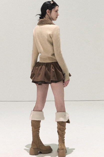 Plaid Color-Blocked Puffy Skirt